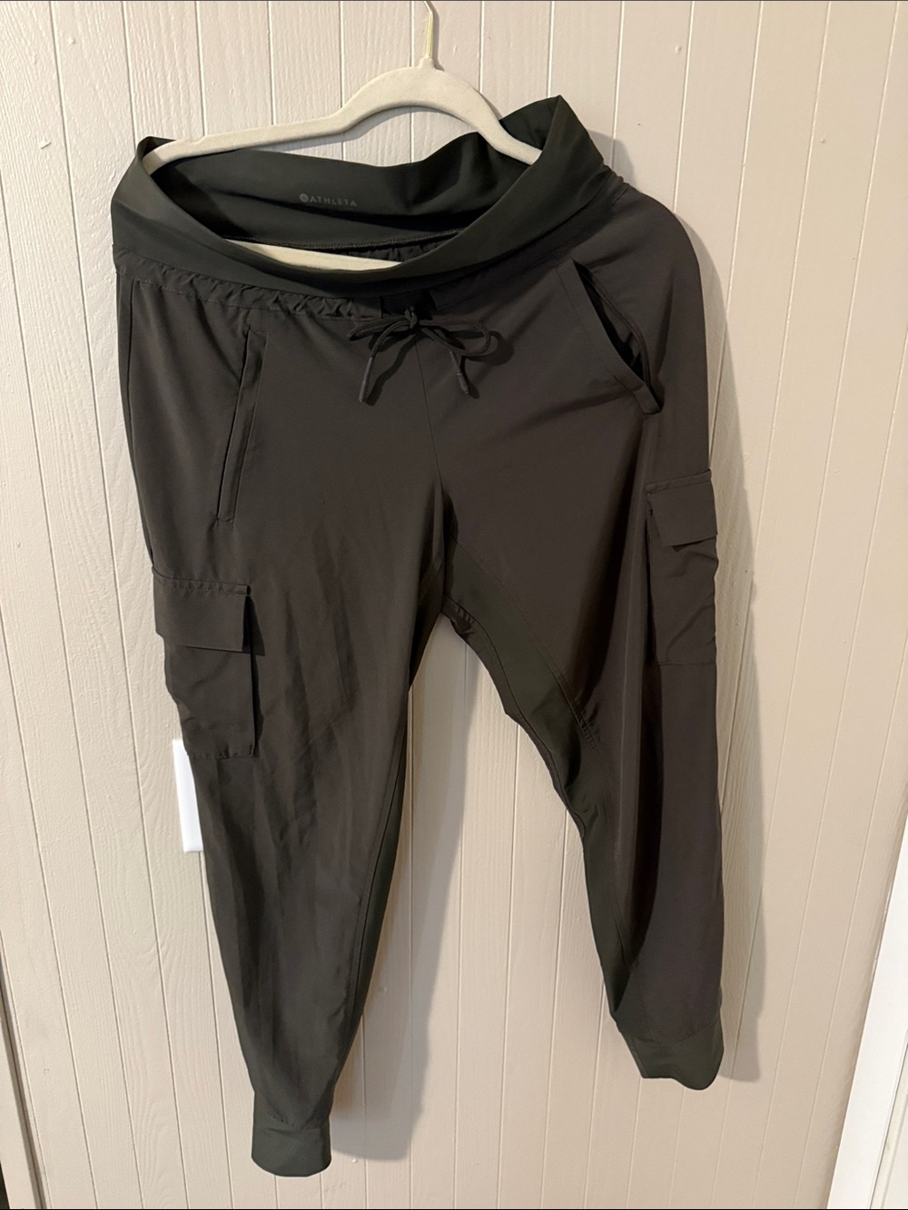 Athleta Army Green Cargo Joggers with Drawstring Waist.